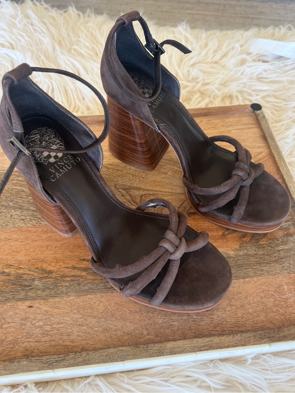 Vince Camuto Dark Brown Suede Knot-Strap Block Heel Sandals - Picture 6 of 6